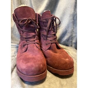 Bearpaw Womens Suede Ankle Boots Purple Shearling Lined Lace Up Size 12